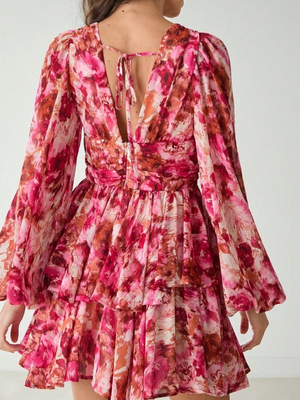 Hot Pink Boho Women's V-Neck Long Sleeve Floral Allover Print Short Casual Dress - Picture 2 of 10